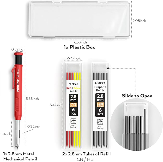 Nicpro Carpenter Pencil with Sharpener, Mechanical Carpenter Pencil Set with 13 Refill, Construction Pencils Heavy Duty Woodworking Pencil for Architect (Black, Red, Yellow)-With Case