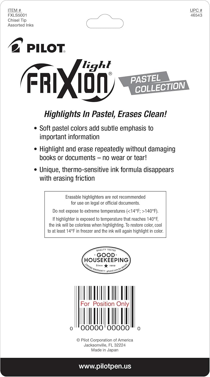 Pilot, FriXion Light Pastel Erasable Highlighters, Chisel Tip, Pack of 5, Pastel Blue, Pink, Yellow, Green & Purple