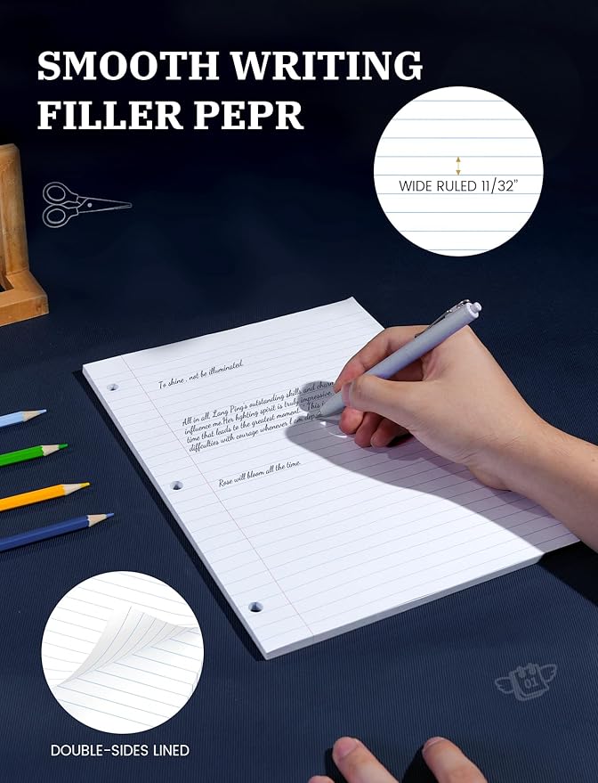 Loose Leaf Paper 8.5 x 11, Loose Leaf Notebook Paper, 200 Sheets Binder Paper 8-1/2 x 11'', 3-Hole Punched Filler Paper Notebook Binder Paper, Wide Ruled Loose Leaf Paper, 2 Pack, 100 Sheets/Pad