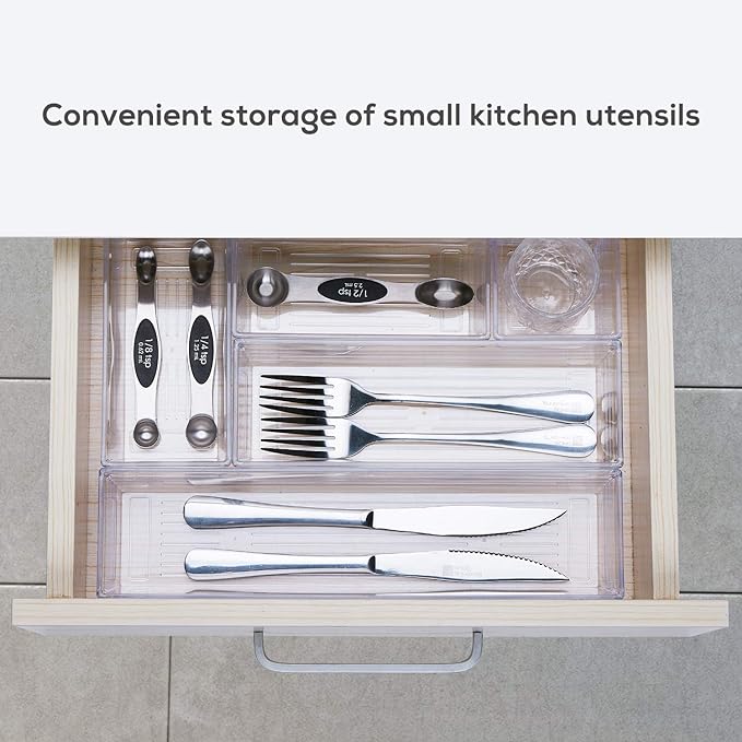 DCA 14 PCS Clear Plastic Drawer Organizer Tray, 4 Sizes Desk Drawer Divider Organizers and Storage Bins for Makeup, Kitchen Utensils, Jewelries and Gadgets