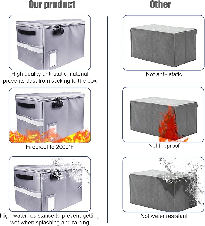 File Box with Lock, Fireproof Document Box File Organizer Box, Portable Office Collapsible File Storage with Reflective Strip for Hanging Letter/Legal Size Folder/Certificate