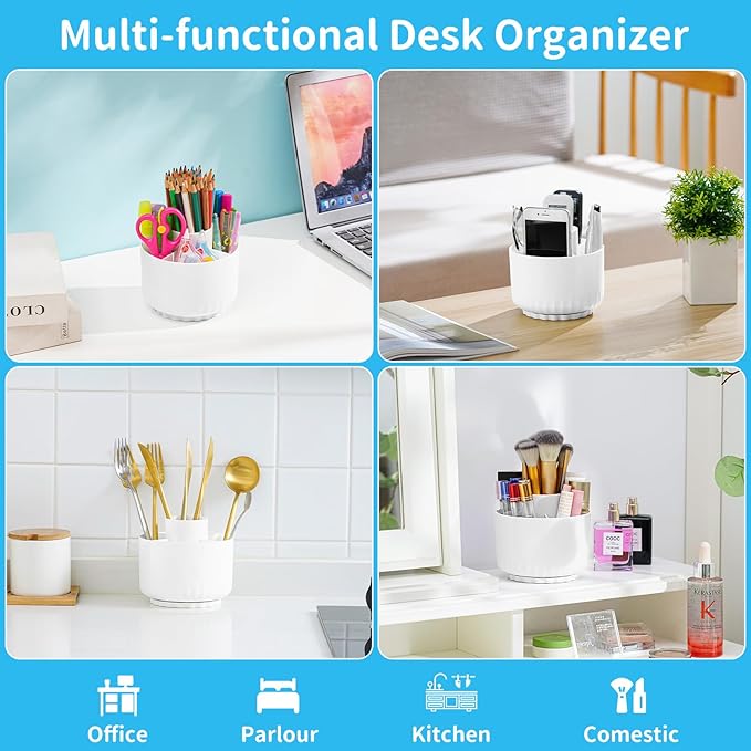 Marbrasse 360-Degree Rotating Pen Pencil Holder, Desk Organizer with 5 Compartments, Art Supply Storage Box Caddy for Office, Home (White)