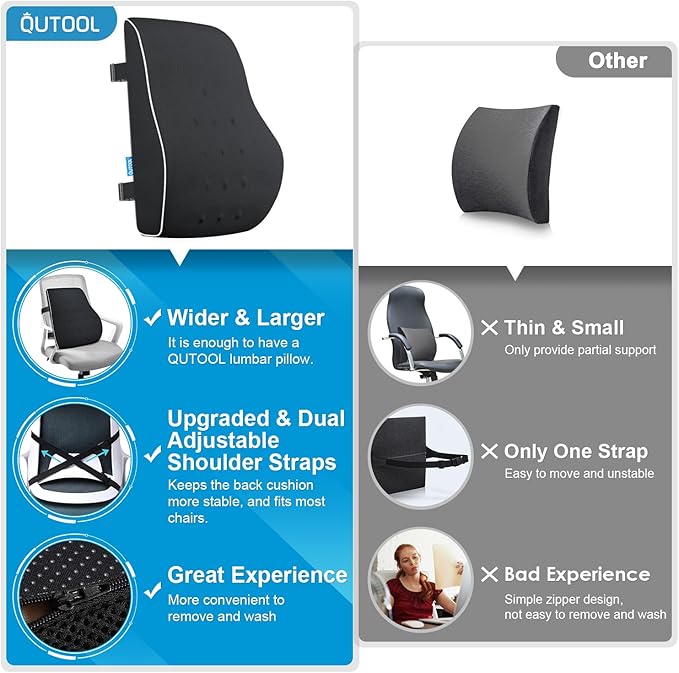 QUTOOL Lumbar Support Pillow for Office Chair Back Support Pillow for Car, Computer, Gaming Chair Memory Foam Back Cushion for Back Pain Relief Improve Posture, Mesh Cover Double Adjustable Straps