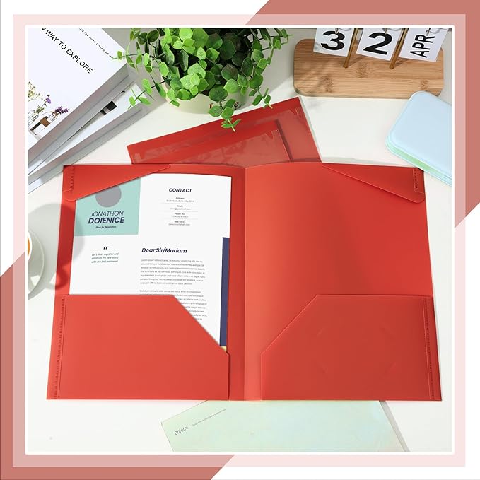 Henoyso 36 Pcs Plastic Folders with Clear Front Pockets Heavy Duty File Folders with 2 Pockets and Card Slot for Student Communication School Office Presentation Report (Red)