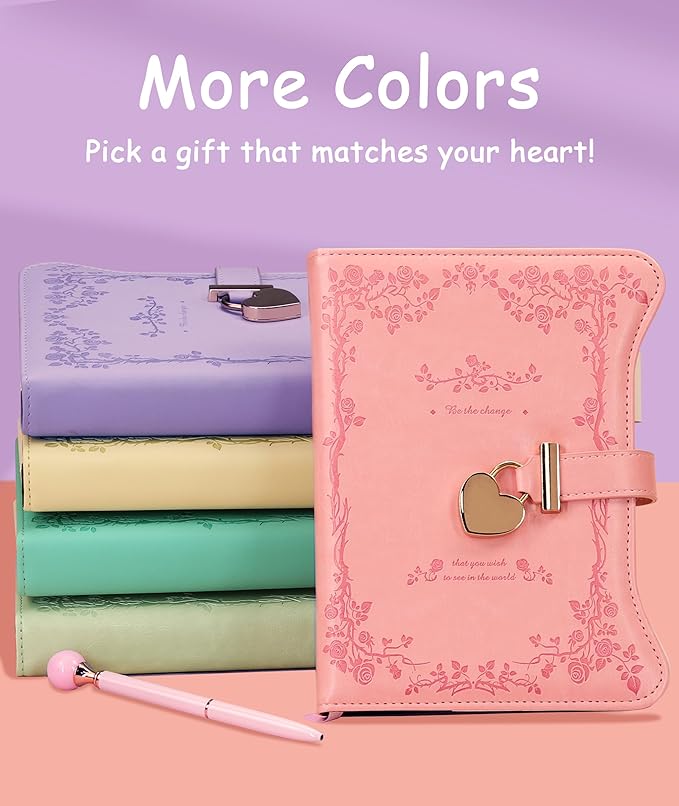 Diary with Lock and Keys for Girls Gift Ideas, 360 Gold Edged Pages Journal for Women, B6 Refillable Notebook for Writing with Pen and Bookmark (Garden Turquoise)