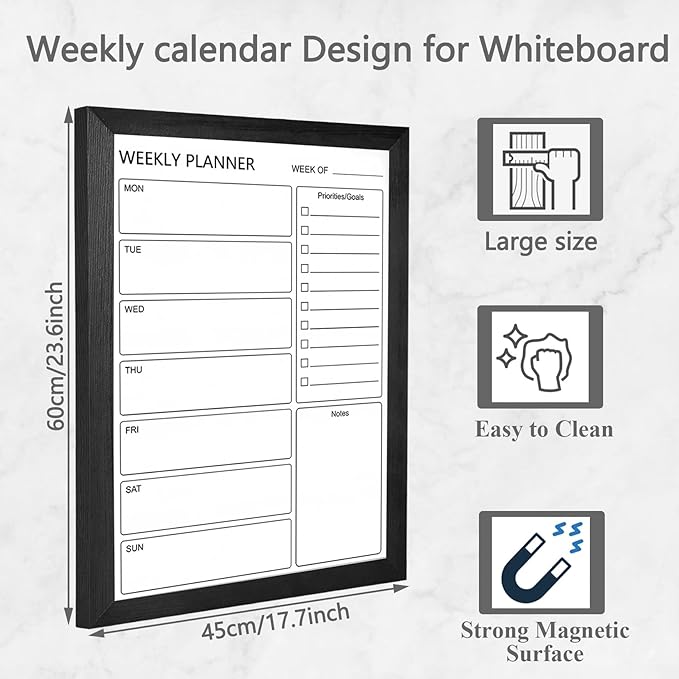 Dry Erase White Board Weekly Calendar Board, Magnetic Whiteboard for Wall,18“x24 Solid Wood Black Framed Message Board, Planner Board for Office, Home, School(Weekly-BB-BK-4560
