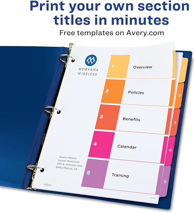 Avery 5 Tab Dividers for 3 Ring Binders, Customizable Table of Contents, Multicolor Tabs, 3 Sets (11070)