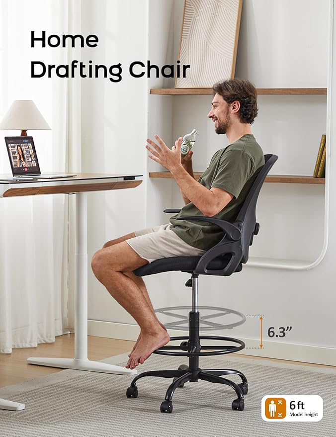 Drafting Chair Tall Office Chair with Flip-up Armrests Ergonomic Computer Standing Desk Chair with Comfy Lumbar Support and Adjustable Footrest Ring for Bar Height Desk(White-Green)