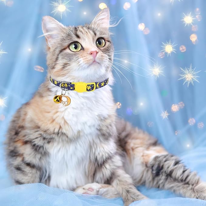 SCENEREAL Cute Cat Collar with Bell Breakaway, 4 Pack Star and Moon Pendant Spring Pet Collar for Girl Boy Cats, Adjustable Safety Black Kitten Puppy Collars Size 8-12"