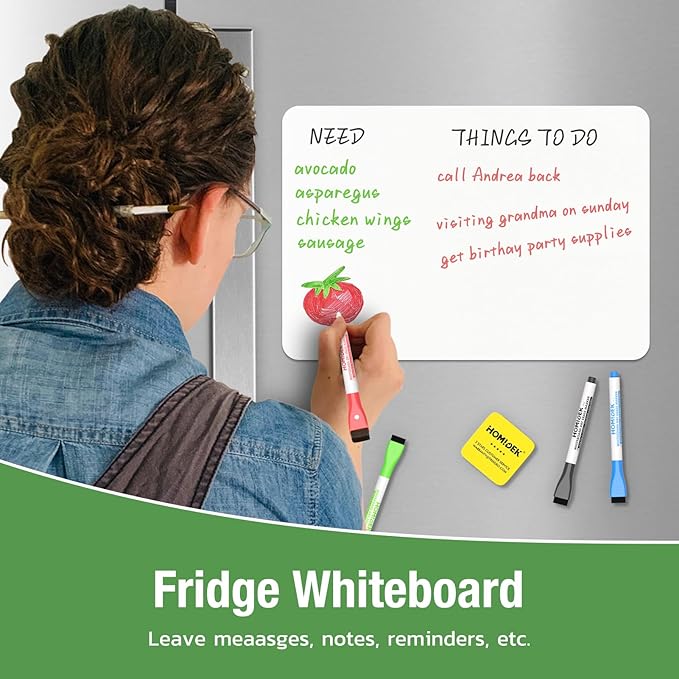 Magnetic Dry Erase Board: Small Fridge Whiteboard, Flexible Refrigerator Magnet White Board, Blank Writing Note Sheet with Dishwasher Magnet Clean Dirty Sign, 4 Markers & Eraser - 12 x 8