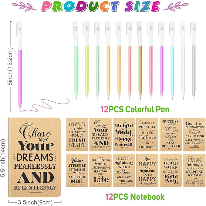 12 Pcs Mini Inspirational Notebooks Bulk with 12 Pcs Colorful Pens, Small Pocket Journal Notepads Set, Motivational Bulk Gifts for Women Men Teacher Student Kids,Fun School Office Supplies,3.5"x5.5"