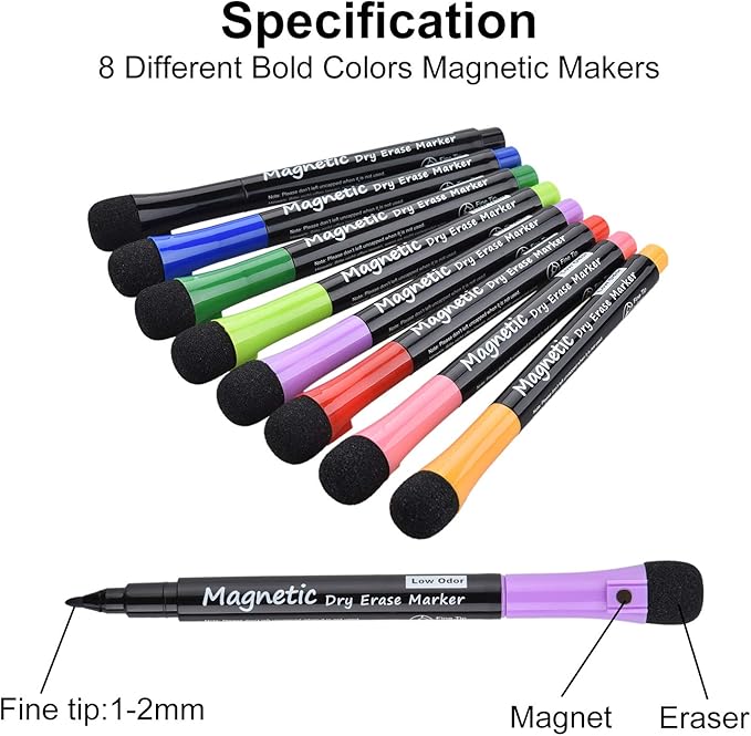 Magnetic Dry Erase Markers, Fine Tip Low Odor Whiteboard Markers for Kids & School, Work On White board & Calendar, Refrigerator (16 Pack)