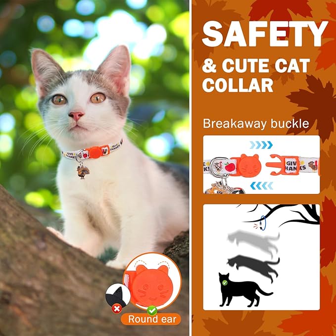 SCENEREAL Thanksgiving Day Breakaway Cat Collar with Bells, Safety Buckle Soft Adjustable Cats Collars for Daily Wearing, Kitten Puppy Personalised Collars for Dogs Girl Boy