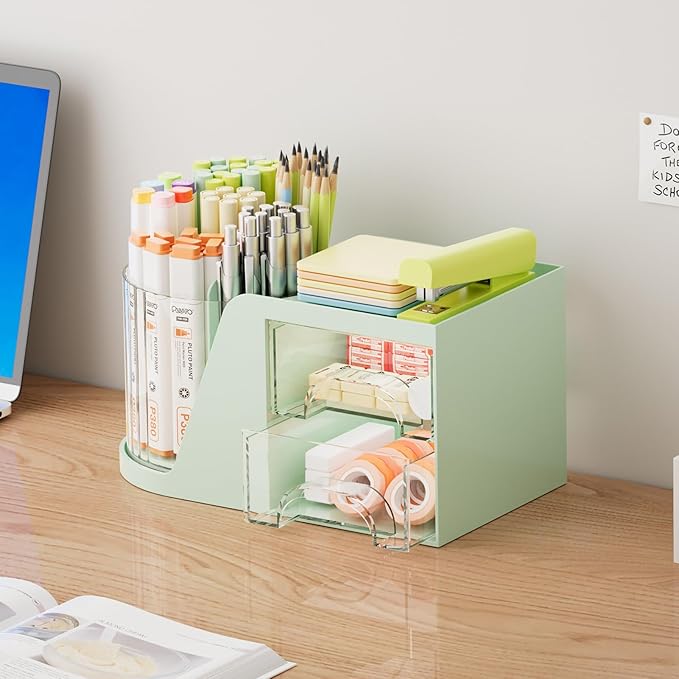 Marbrasse Desk Organizer with 2 Drawer, 360°Rotating Pen Holder for Desk, Desk Organizers and Accessories with 6 Slots Pencil Organizer + 2 Drawer, Art Supply Storage Box Caddy for Office (Green)