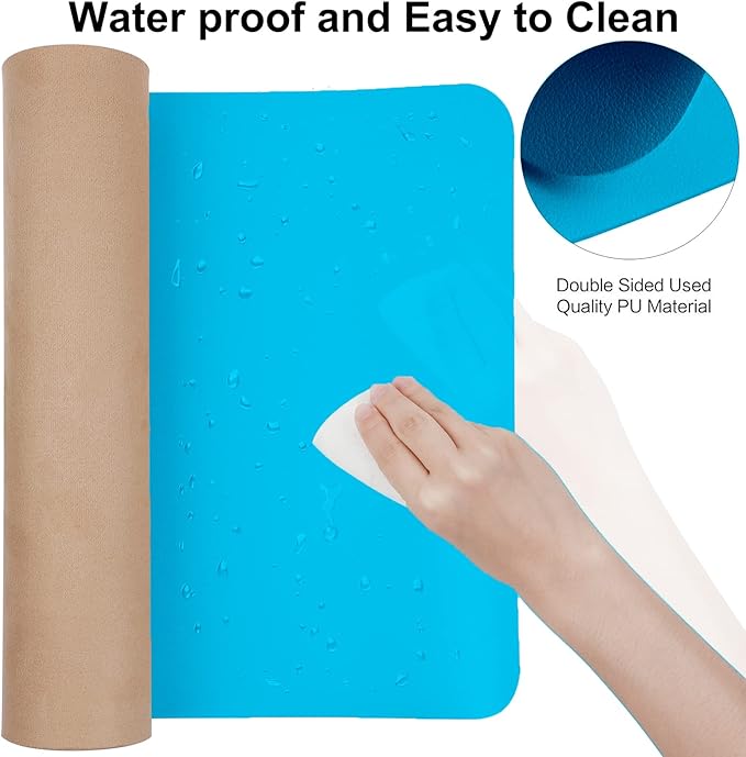 Boutilon Leather Desk Pad 30" x14",Non-Slip Mouse Pad,Office Desk Mat,Waterprooft PU Leather Desk Blotter,Desk Pad Protector,Desk Writing Pad for Home Office Decor(M-Aqua Blue)