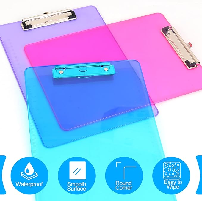 Clipboards, HERKKA 25 Pack Plastic Office Clipboards, Assorted Transparent Color Plastic Clipboards, Low Profile Clip Standard A4 Letter Size