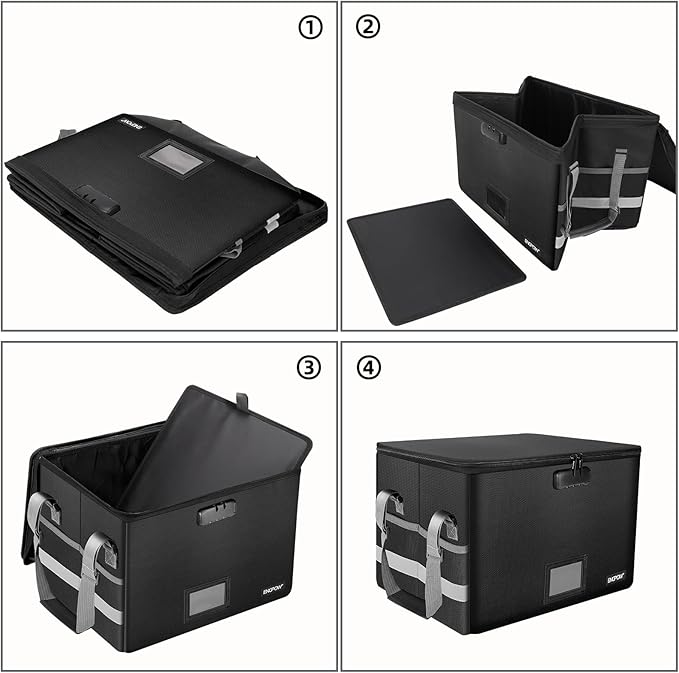 ENGPOW File Box with Lock,Fireproof Document Box with Zipper&Pockets,Collapsible File Organizer Filing Storage Cabinet with Handle,Portable Home Office Safe for Hanging Letter/Legal Folder,Black