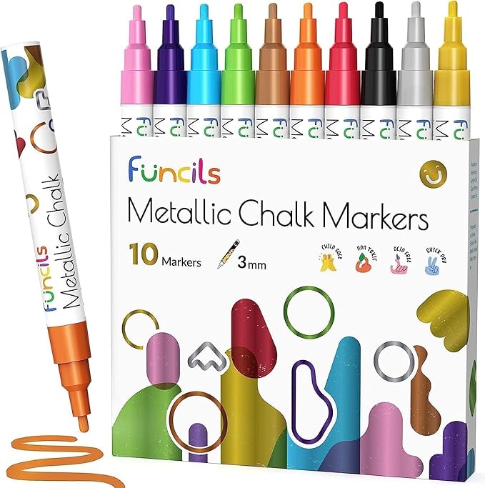 10 Metallic Fine Tip Liquid Chalk Markers for Chalkboard Signs, Blackboard, Window, Labels, Bistro, Glass, Car - Wet Wipe Erasable Ink Chalkboard Markers, Reversible 3mm Tip Liquid Chalk Pens