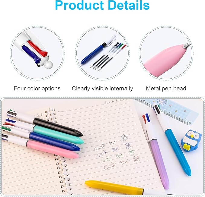 16-Pack Multicolor Ballpoint Pens. 4 color pens in one: red, blue, black, and green. It writes smoothly and is suitable for use in planners. These are 0.7mm multicolor pens.