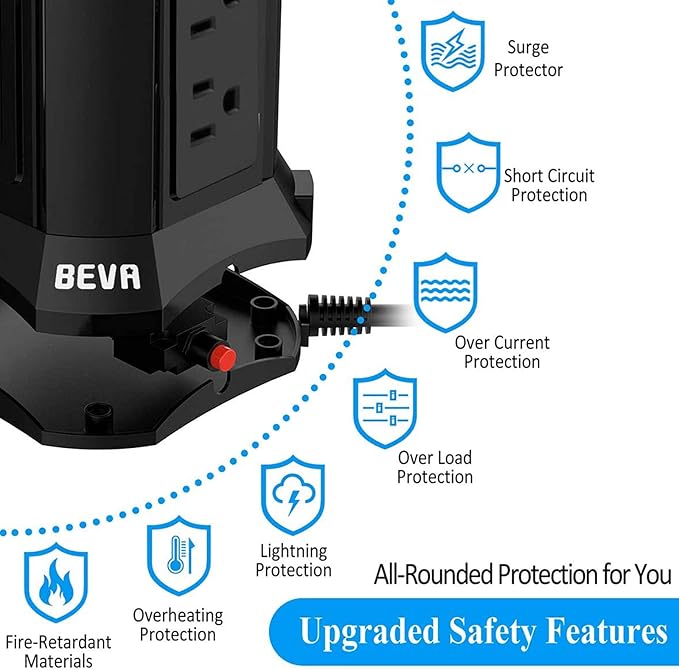 Power Strip Tower Surge Protector BEVA 10ft Flat Plug Desktop Charging Station 9 AC Outlets 4 USB Ports, 900 Joules, Long Extension Cord for Home Office Appliances Smartphones Computer Tablets(Black)