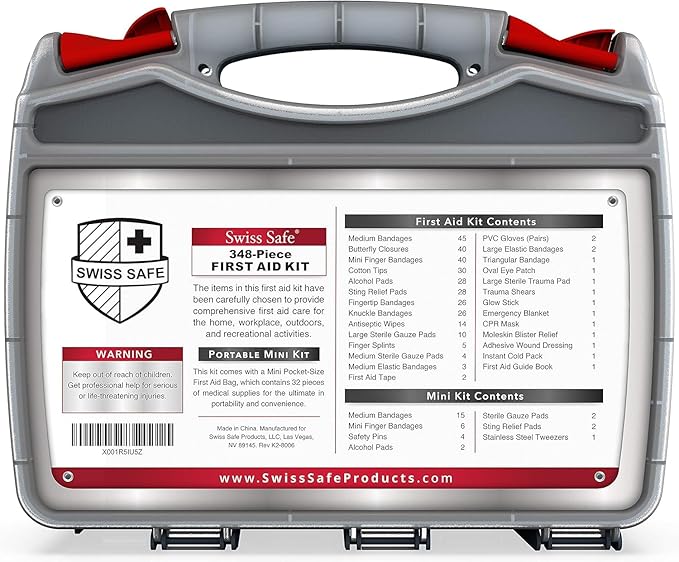 Swiss Safe 2-in-1 First Aid Kit for Car, Travel & Home, Businesses - Bonus Mini Kit for Medical Emergency Aid, Survival, Camping - FSA & HSA Eligible - 348 Pcs, Large Hardcase FAK