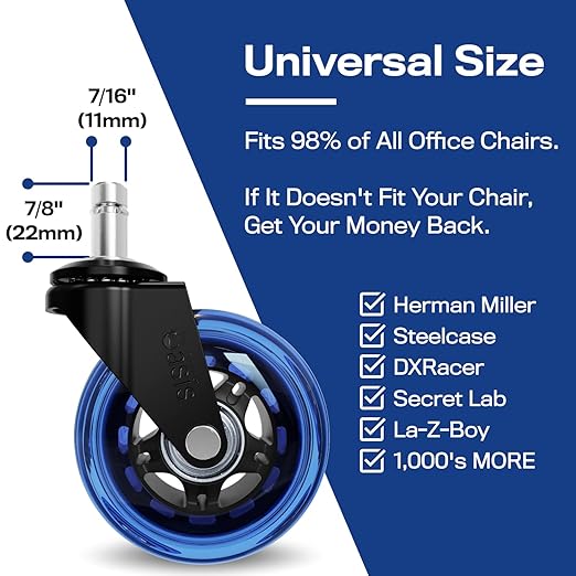 The Office Oasis Original Rollerblade Office Chair Wheels (As Seen On PBS) - Smooth & Quiet Casters - Safe for Hardwood Floors & Carpet - Easy Installation with Universal Fit - Set of 5 - Blue