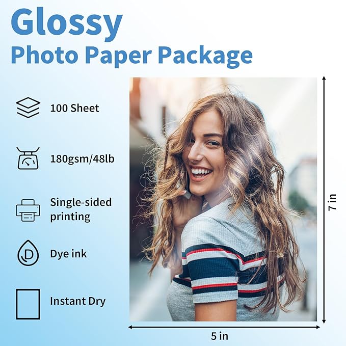 Photo Paper 5 x 7inches, 100 Sheets Glossy Photo Printer Paper, Instant Dry Picture Paper for DIY Chip Bag, Flyers, Cards, Calendars and Brochures(180gsm/48lb)