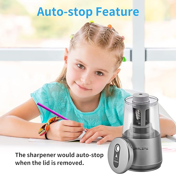JARLINK Electric Pencil Sharpener, Heavy-Duty Helical Blade to Fast Sharpen, Auto Stop for No.2/Colored Pencils(6-8mm), USB/Battery Operated in School Classroom/Office/Home (Gray)