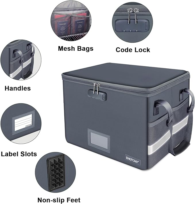 ENGPOW File Box with Lock,Fireproof Document Box with Pockets,Collapsible File Storage Organizer Box Filing Box with Handle,Portable Home Office Safe Box for Hanging Letter/Legal Folder,2 Pack(Gray)