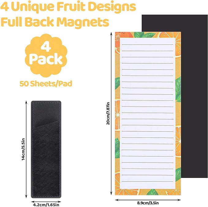 4 Pack Magnetic Note Pad for Fridge with Pen Holder, Totally 200 Sheets Grocery List Magnet Pad for Refrigerator Magnetic Shopping List Pad(Fruit Design)
