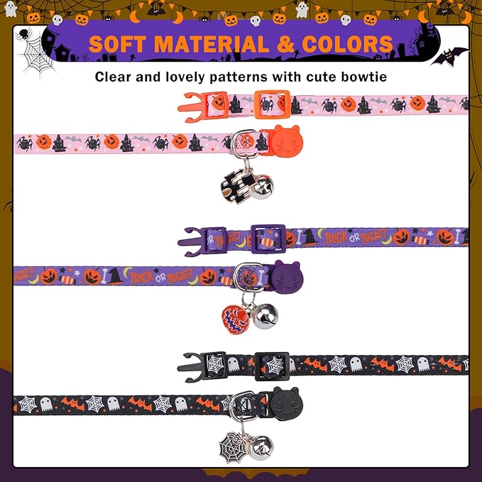 SCENEREAL Halloween Breakaway Cat Collar with Bells, Safety Buckle Soft Adjustable Cats Collars for Daily Wearing, Kitten Puppy Personalised Collars for Dogs Girl Boy