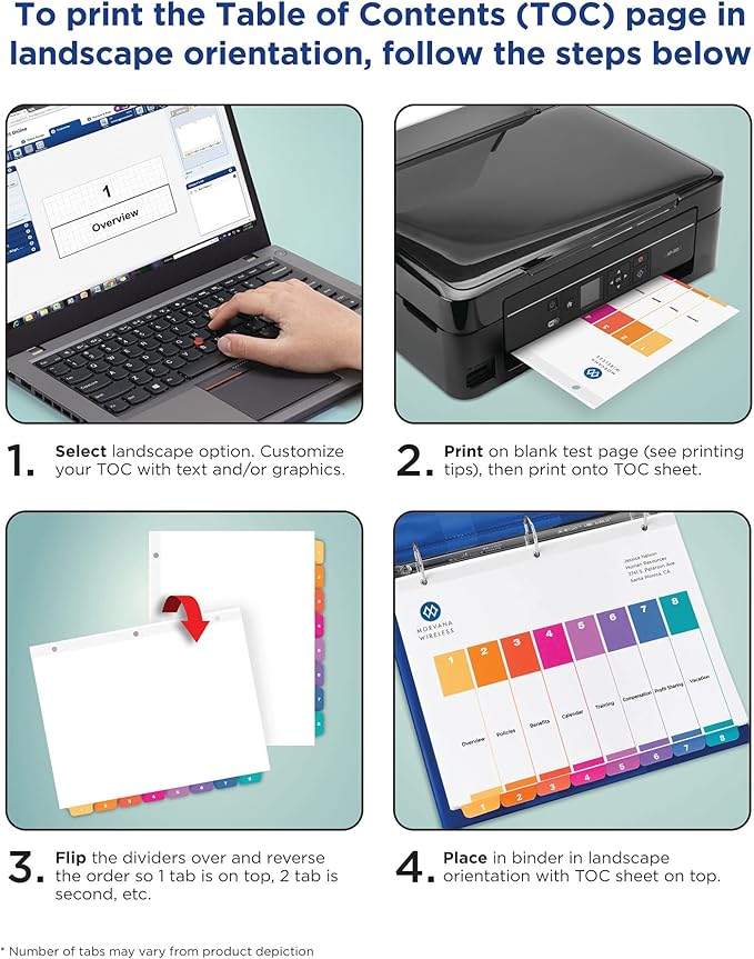 Avery 5 Tab Dividers for 3 Ring Binders, Customizable Table of Contents, Multicolor Tabs, 6 Sets (11187)