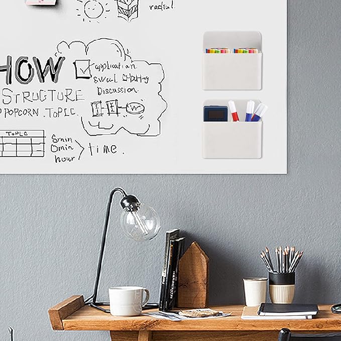 Magnetic Dry Erase Marker Holder - 2 Pack Pen Holder for Fridge, Whiteboard, School, Office, Home, Cup, White