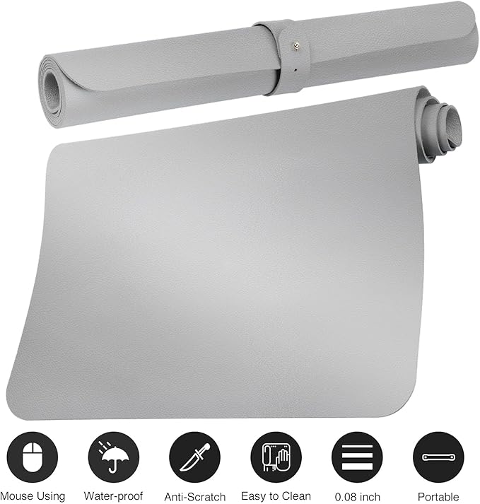 Boutilon Leather Desk Pad 35"x 17" Non-Slip Mouse Pad,Office Desk Mat,Waterprooft PU Leather Desk Blotter,Desk Pad Protector,Desk Writing Pad for Home Office Decor (L-Silver,35"x 17")