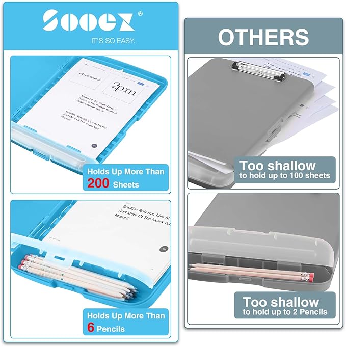 Sooez Clipboard with Storage, High Capacity Nursing Clip Boards with Pen Holder, Heavy Duty Plastic Storage Clipboards with Low Profile Clip, Clipboard Folder, Teacher Must Haves Office Supplies
