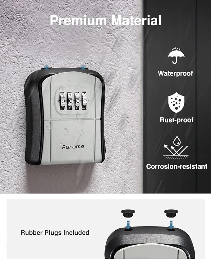 Puroma Key Lock Box, Portable Combination Lockbox Wall-Mounted Key Storage Box for House Keys, Resettable Code Safe Security Lock Box for Home, Office, Apartment Spare Key Storage (1 Pack, Gray)