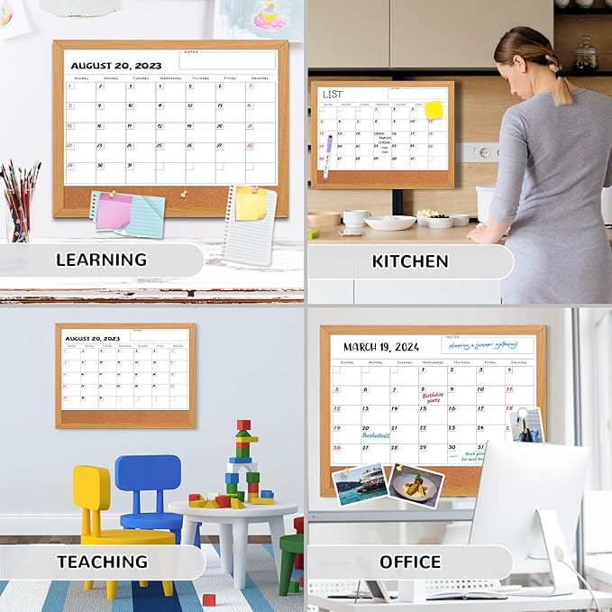 Dry Erase Monthly Calendar Board for Wall, 17"x13" Hanging Board, Magnetic White Boards, Rustic Brown Wood Frame White Board Cork Board Combo, Calendar Bulletin Board for Kitchen Planner Memo Office