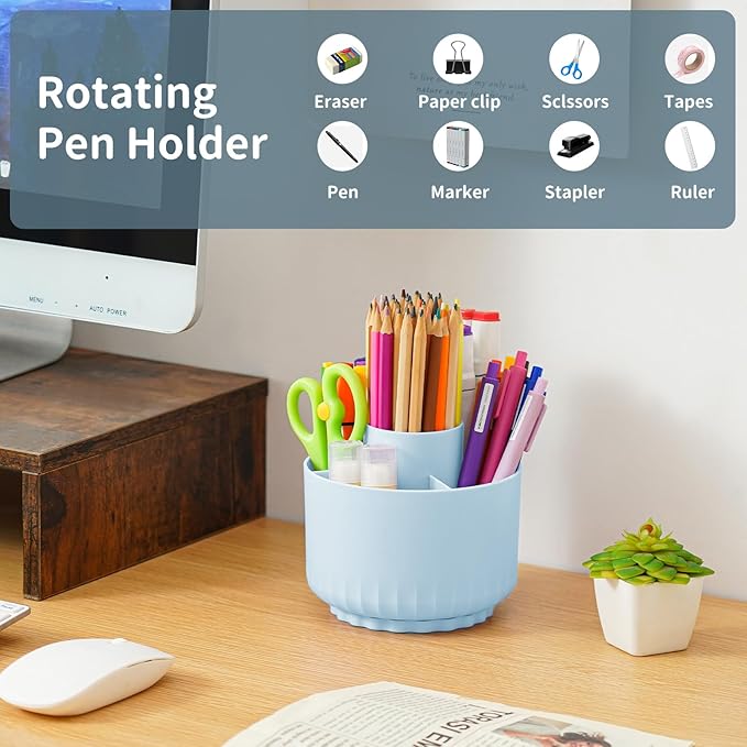 Marbrasse Desk Organizer, 360-Degree Rotating Pen Pencil Holder for Desk, Desk Organizers and Accessories with 5 Compartments Pencil Organizer, Art Supply Storage Box Caddy for Office, Home(Blue)