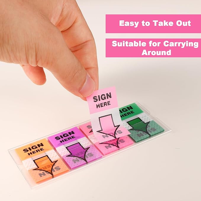 600pcs/6 Packs Sign Here Tabs, Arrow Labels Stickers Sticky Signature Tags Adhesive Message Flags for Documents Notebooks Home Office School Supplies (Orange, Purple)