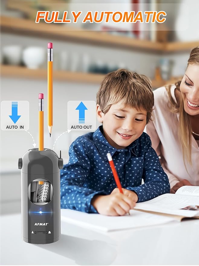 AFMAT Electric Pencil Sharpener for Colored Pencils 7-11.5mm, Fully Automatic Robot Pencil Sharpener, Auto in & Out, Rechargeable Hands-Free Pencil Sharpener for Large Pencils, Home, Classroom, Gray