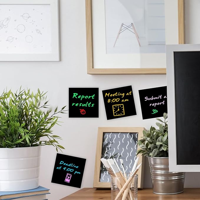 Black Sticky Notes, 3"x3" Post It Notes with 2 Metallic Pens, 6 Pads, Self-Stick Notes Pads Sticky Notes Bulk for School Home Hospital Office Supplies