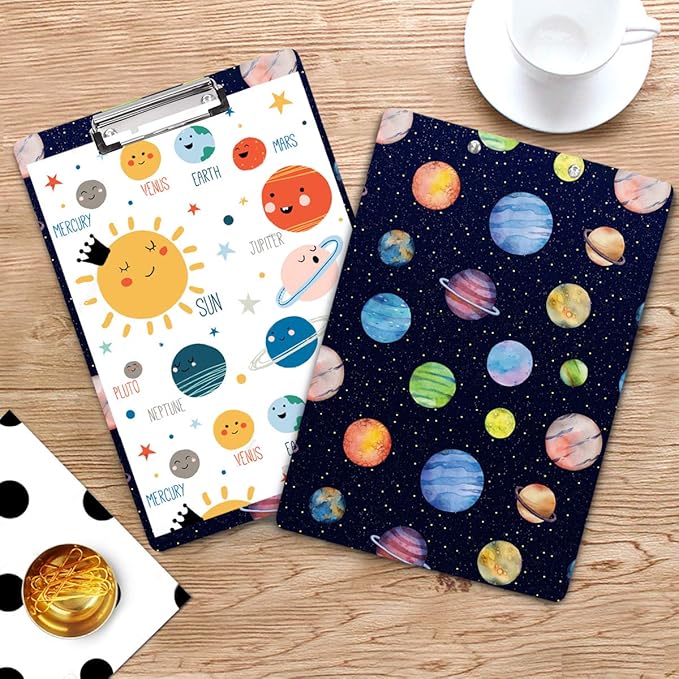 WAVEYU Cute Hardboard Clipboard for Kids Boys, Clipboard with Low Profile Clip for Students Classroom School and Office Use 12.5"x 9", Planet Pattern