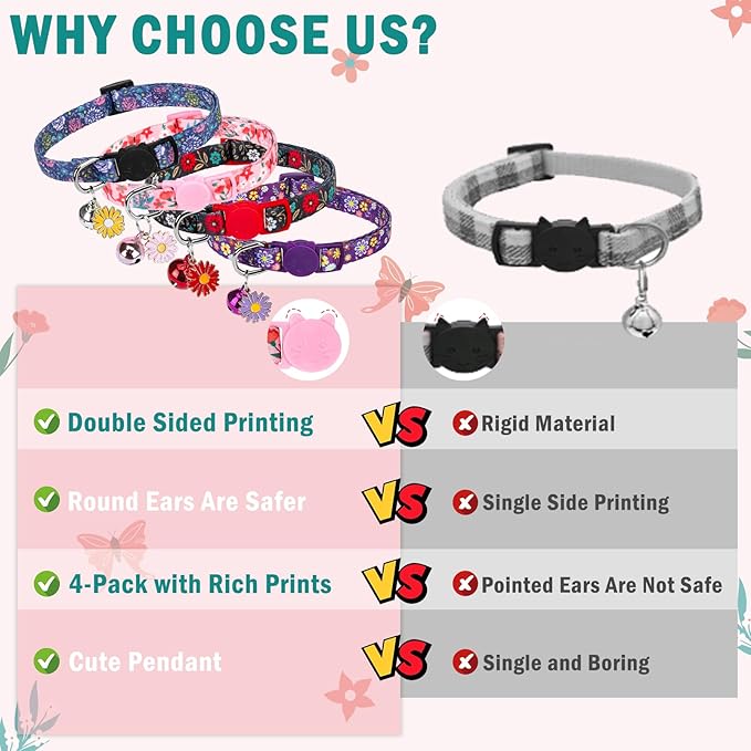 SCENEREAL Cute Cat Collars with Bells Breakaway, 4 Pack Floral Daisy Pendant Spring Summer Pet Collar for Girl Boy Cats, Adjustable Safety Pink Kitten Puppy Collars Flowers Set Size 8-12"
