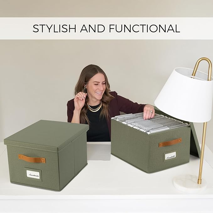ZICOTO Decorative File Organizer Box Set of 2 - Collapsible Linen Filing Cabinets w/Handles Are Perfect to Store all Your Documents & Hanging File Folders - Portable Easy Slide Crates with Lid