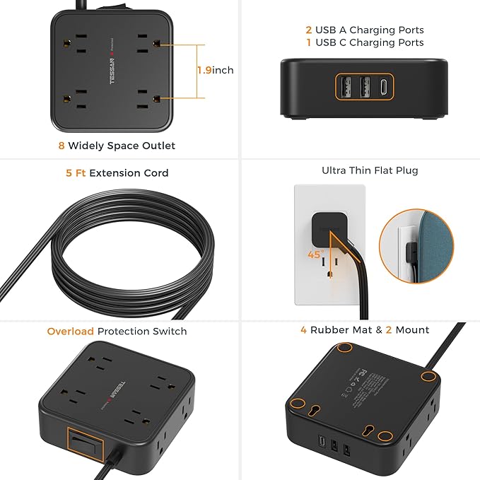 Surge Protector Flat Plug Power Strip, Black Extension Cord, 8 AC Outlets, 3 USB Charger(1 USB C Port) 3 Side Outlet Extender, 5 Ft, 900 Joules Protection, Office Supplies, Dorm Room Essentials