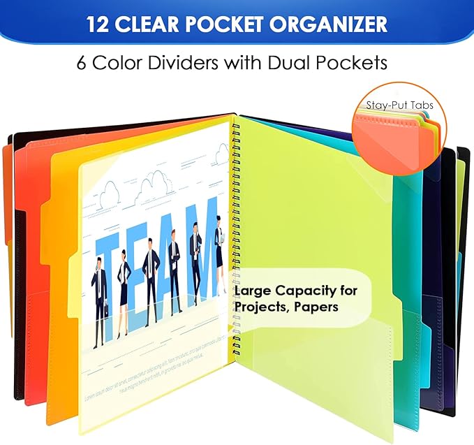 KTRIO 12 Pocket Poly Project Organizer, Spiral Binder Organizer Multi Pocket Folder with Dividers, Back Cover Utility Pouch, Letter Size School Supplies