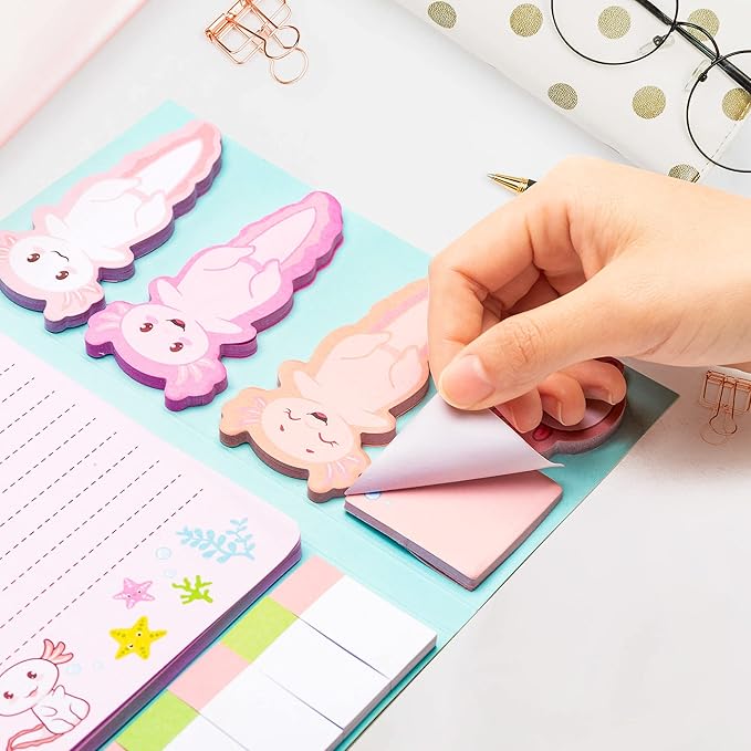 I Just Really Like Axolotl Sticky Notes Set, 550 Sheets, Animal Mexican Walking Fish Shaped Self-Stick Notes Pads Divider Tabs Bundle Writing Memo Pad Page Marker Back to School Office Supplies