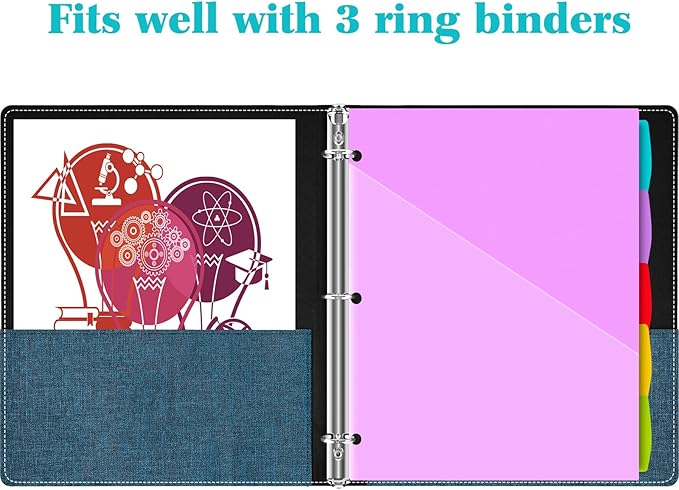 INFUN Plastic 5-Tab Binder Dividers with 2 Pockets - 3 Sets,15PCS Multicolor 2 Pocket Dividers with 3 Holes for 3 Ring Binders ,Total 15 Tabs