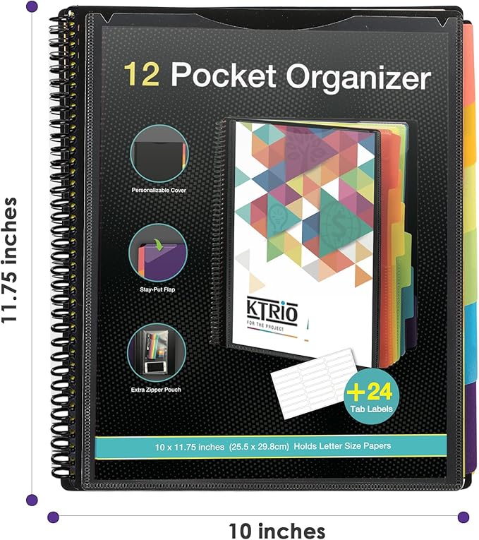 KTRIO 12 Pocket Poly Project Organizer, Spiral Binder Organizer Multi Pocket Folder with Dividers, Back Cover Utility Pouch, Letter Size School Supplies