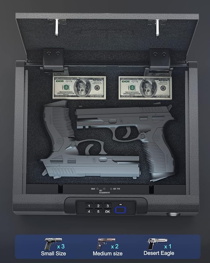 Gun Safe,Biometric Gun Safe for Pistols 3-Ways unlock Fingerprint Digital PIN Key Unlock with Voice, Lock box for Cloakroom living room Bedroom Nightstand and Car BILLCONCH